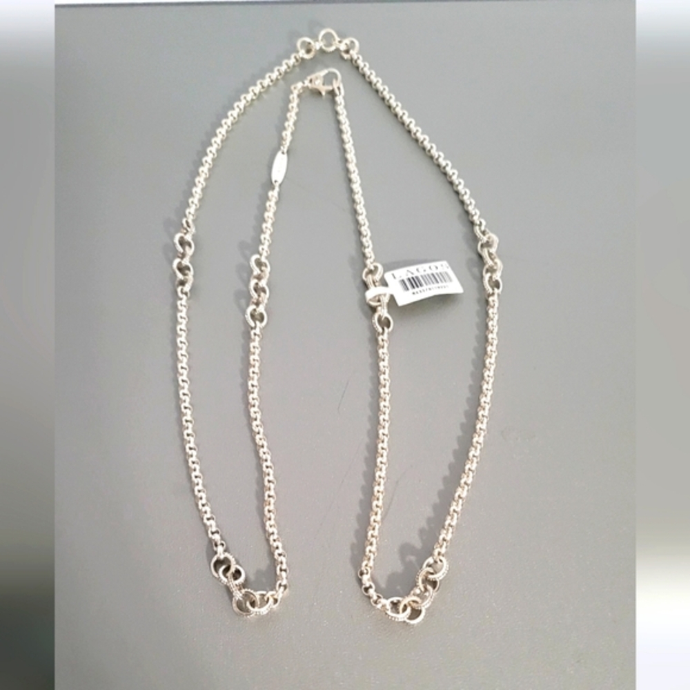 LAGOS Sterling Silver Caviar 5 Circle Stations 4mm Rolo Chain Necklace 34"